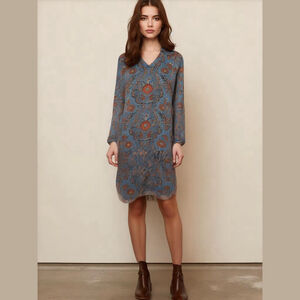Cabi Provincial Mini Dress S Blue Paisley Georgette Shift Collared Long Sleeve